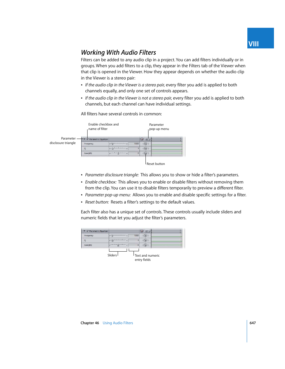 Working with audio filters, P. 647), Viii | Apple Final Cut Express HD User Manual | Page 647 / 1153