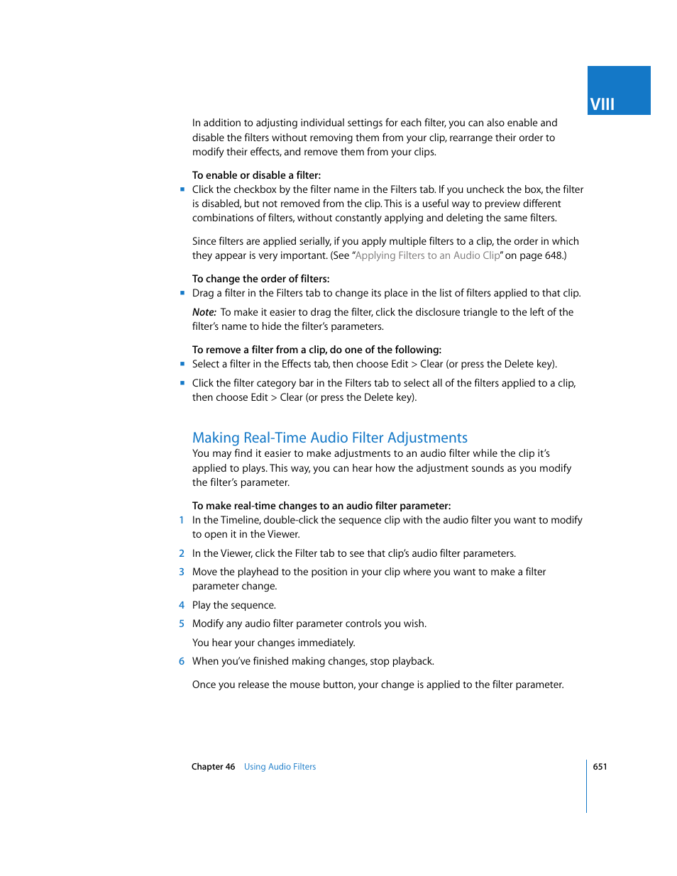 Making real-time audio filter adjustments, Viii | Apple Final Cut Express HD User Manual | Page 651 / 1153