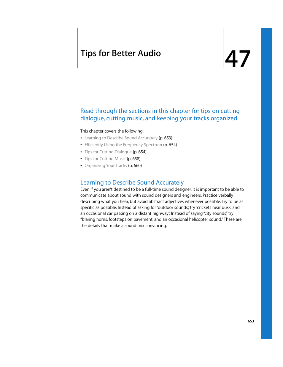 Tips for better audio, Learning to describe sound accurately, Chapter 47 | Apple Final Cut Express HD User Manual | Page 653 / 1153