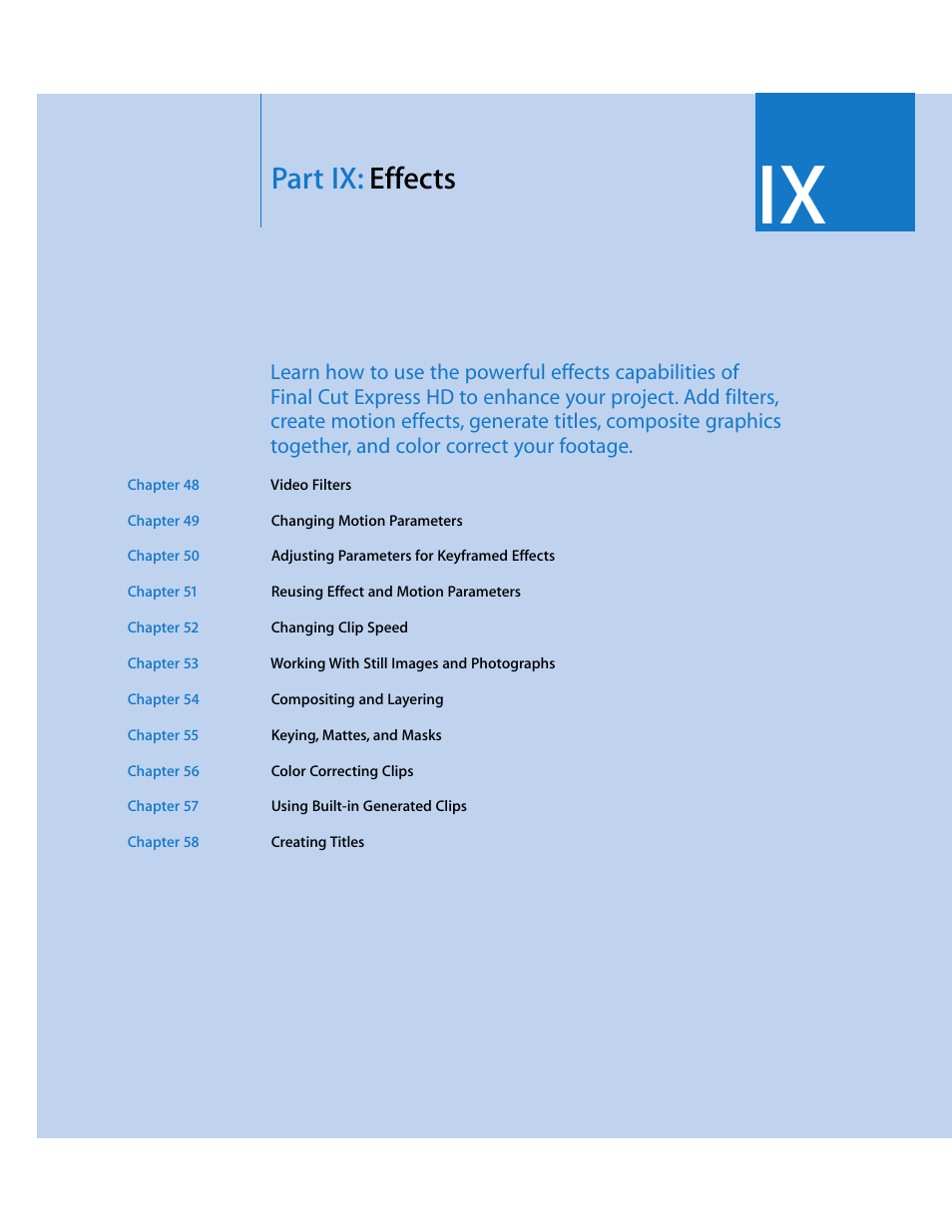 Part ix: effects, Part ix, Effects | Apple Final Cut Express HD User Manual | Page 661 / 1153
