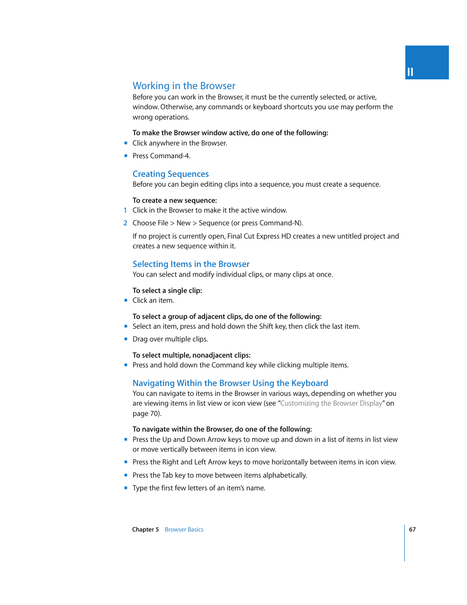 Working in the browser, Creating sequences, Selecting items in the browser | Navigating within the browser using the keyboard, P. 67) | Apple Final Cut Express HD User Manual | Page 67 / 1153
