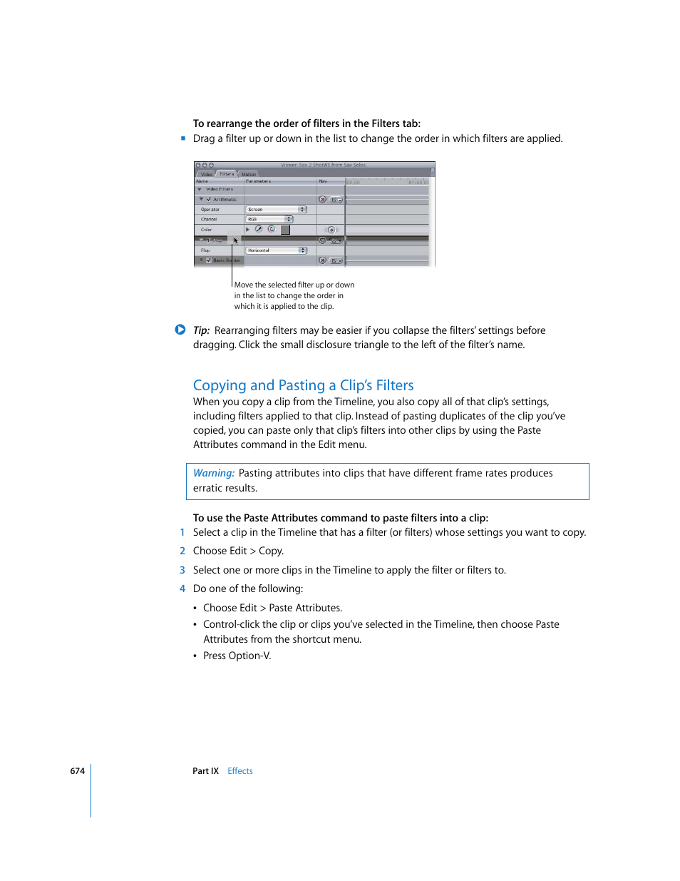 Copying and pasting a clip’s filters, P. 674) | Apple Final Cut Express HD User Manual | Page 674 / 1153