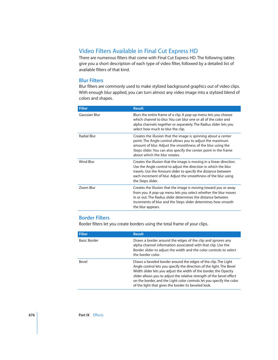 Video filters available in final cut express hd, Blur filters, Border filters | P. 676) | Apple Final Cut Express HD User Manual | Page 676 / 1153