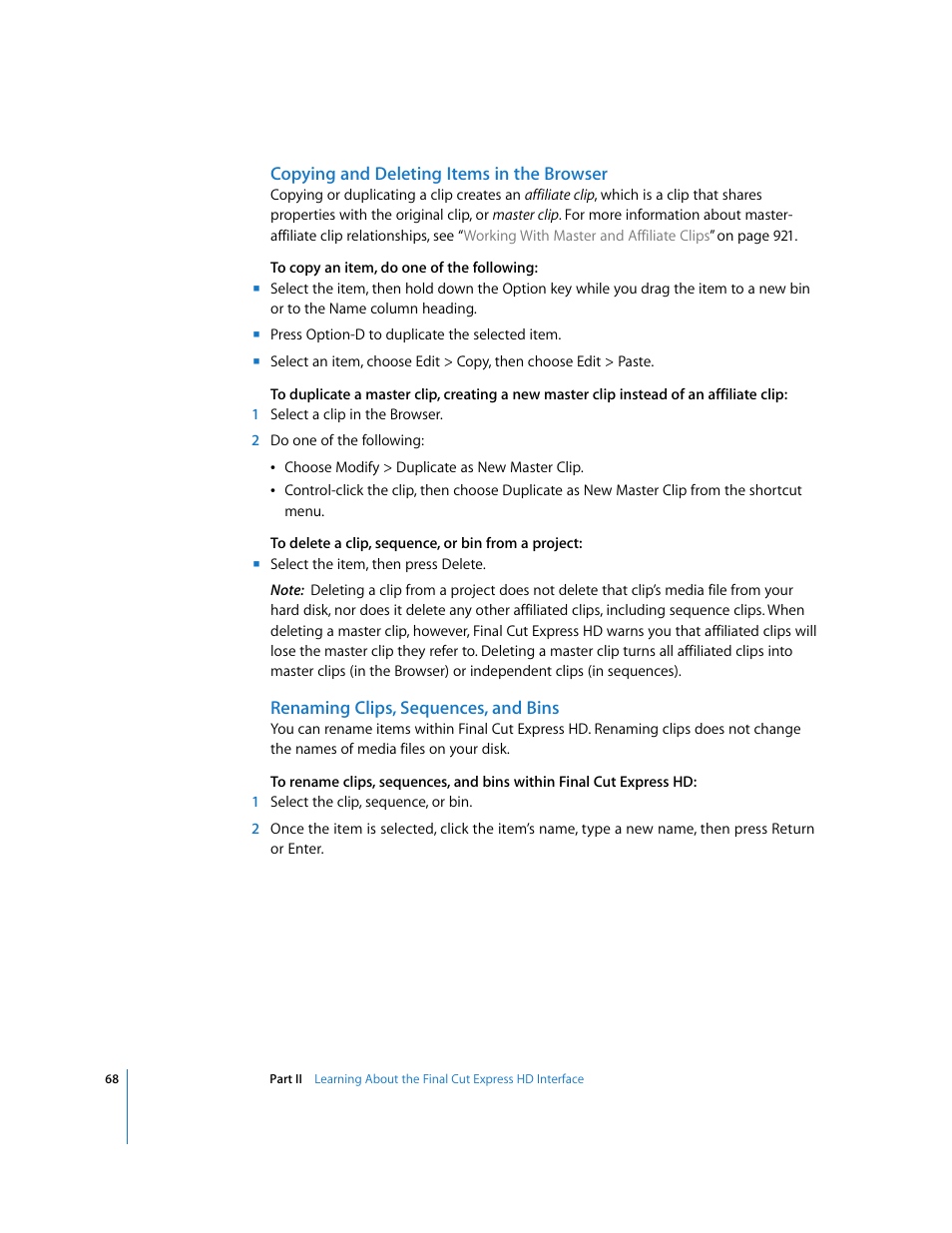 Copying and deleting items in the browser, Renaming clips, sequences, and bins | Apple Final Cut Express HD User Manual | Page 68 / 1153