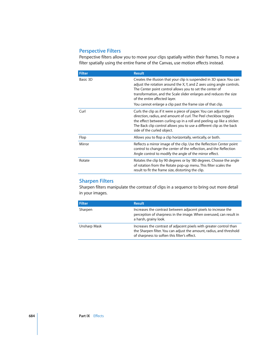 Perspective filters, Sharpen filters | Apple Final Cut Express HD User Manual | Page 684 / 1153
