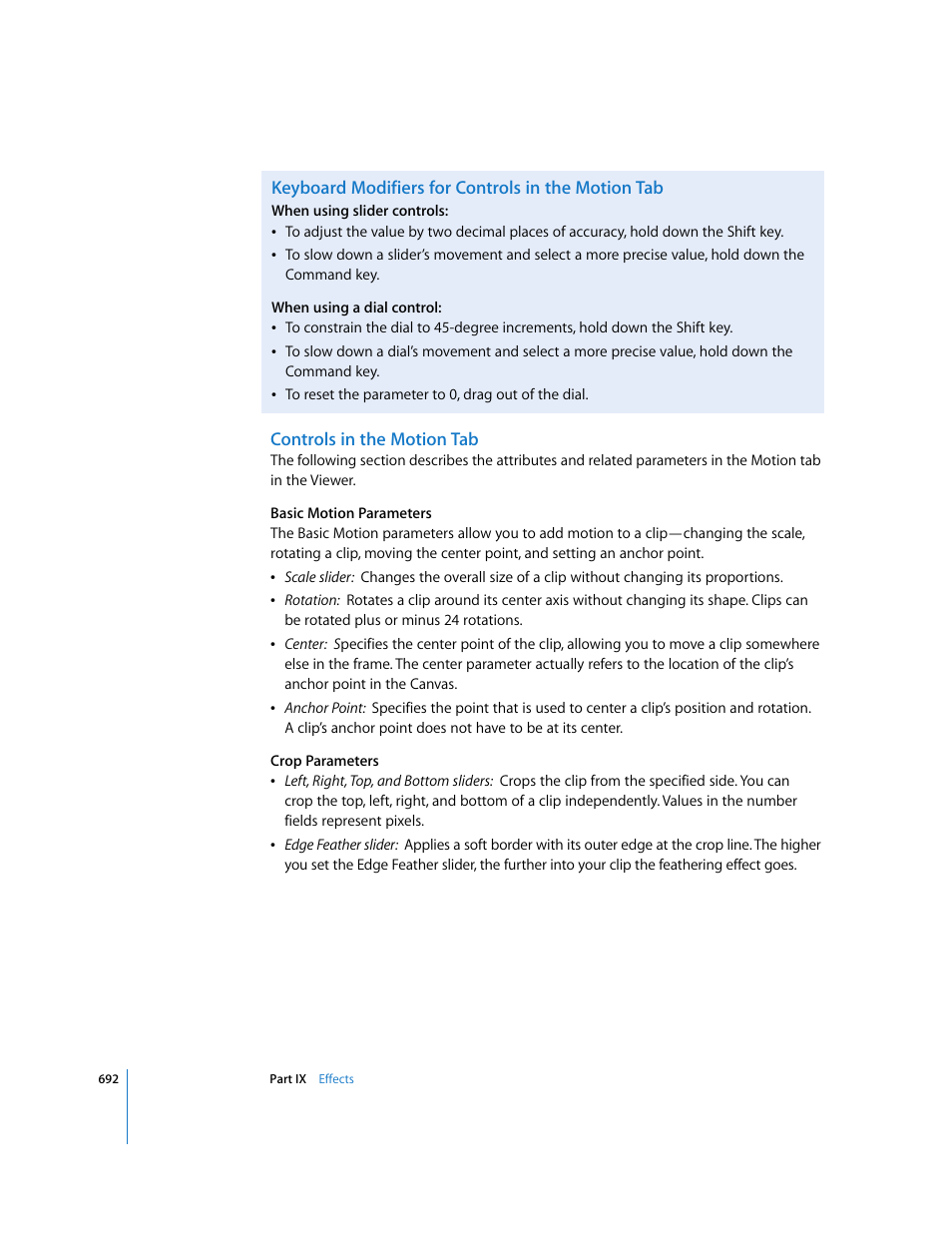 Keyboard modifiers for controls in the motion tab, Controls in the motion tab | Apple Final Cut Express HD User Manual | Page 692 / 1153
