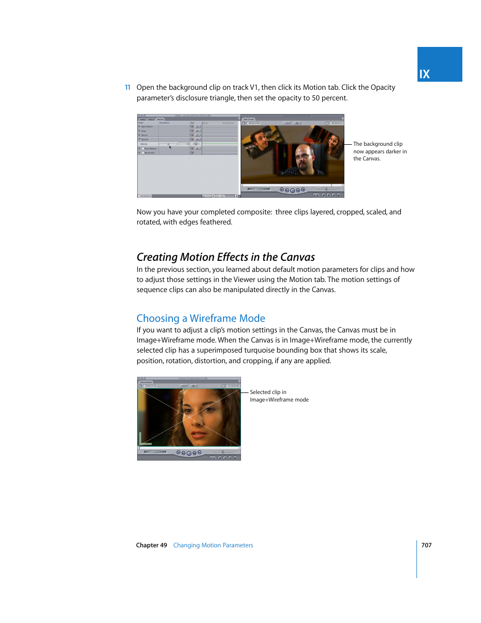 Creating motion effects in the canvas, Choosing a wireframe mode, P. 707) | Apple Final Cut Express HD User Manual | Page 707 / 1153