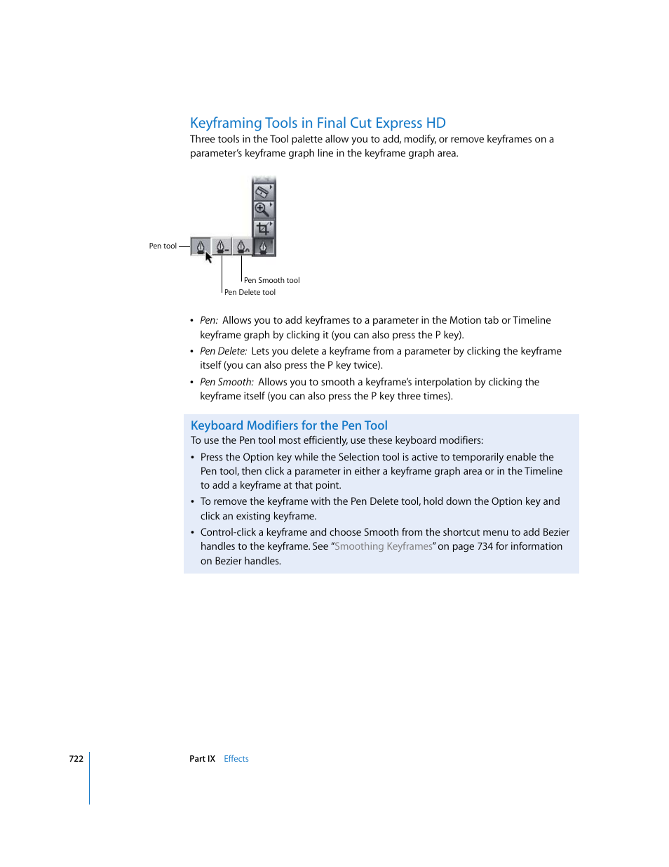 Keyframing tools in final cut express hd, Keyboard modifiers for the pen tool | Apple Final Cut Express HD User Manual | Page 722 / 1153