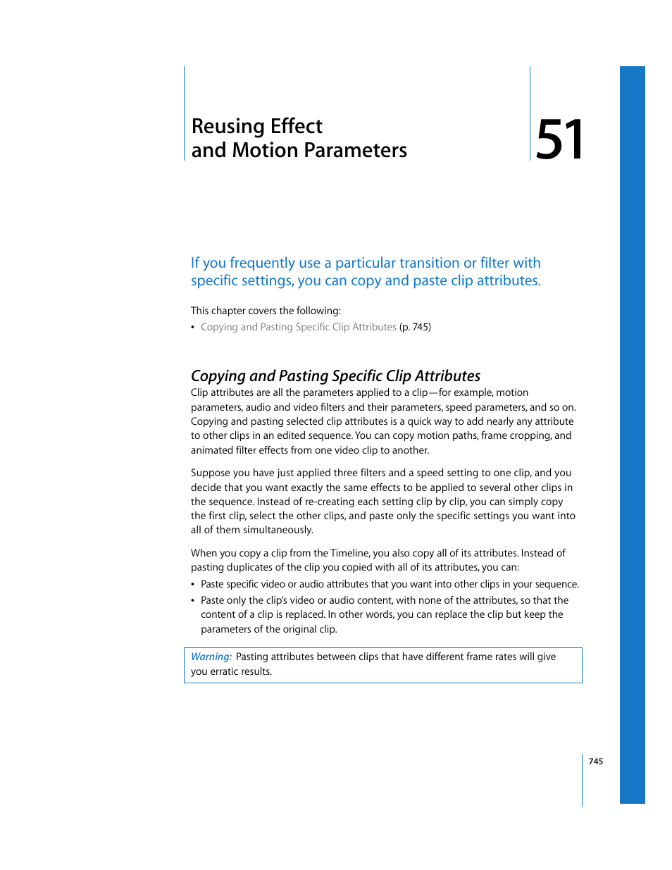 Reusing effect and motion parameters, Copying and pasting specific clip attributes, Chapter 51 | Copying and, Pasting specific clip attributes | Apple Final Cut Express HD User Manual | Page 745 / 1153