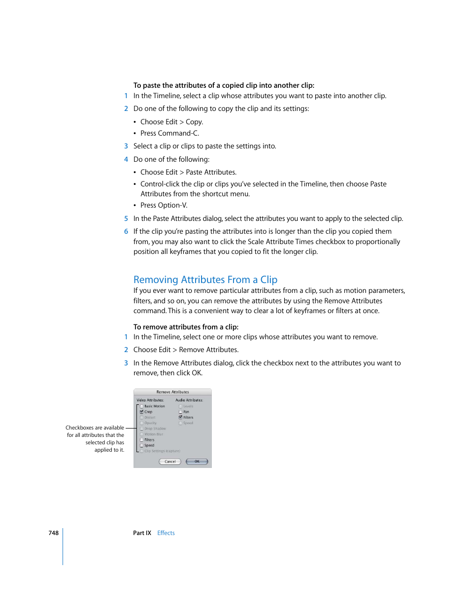 Removing attributes from a clip, Removing, Attributes from a clip | Apple Final Cut Express HD User Manual | Page 748 / 1153