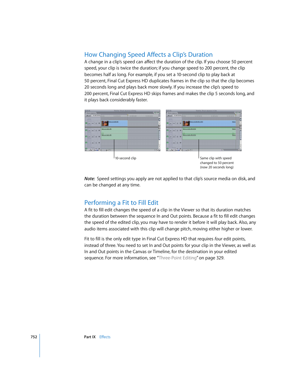 How changing speed affects a clip’s duration, Performing a fit to fill edit | Apple Final Cut Express HD User Manual | Page 752 / 1153