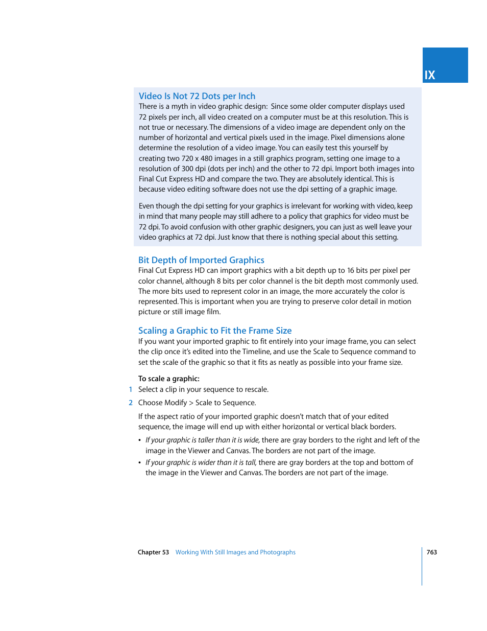 Video is not 72 dots per inch, Bit depth of imported graphics, Scaling a graphic to fit the frame size | Apple Final Cut Express HD User Manual | Page 763 / 1153