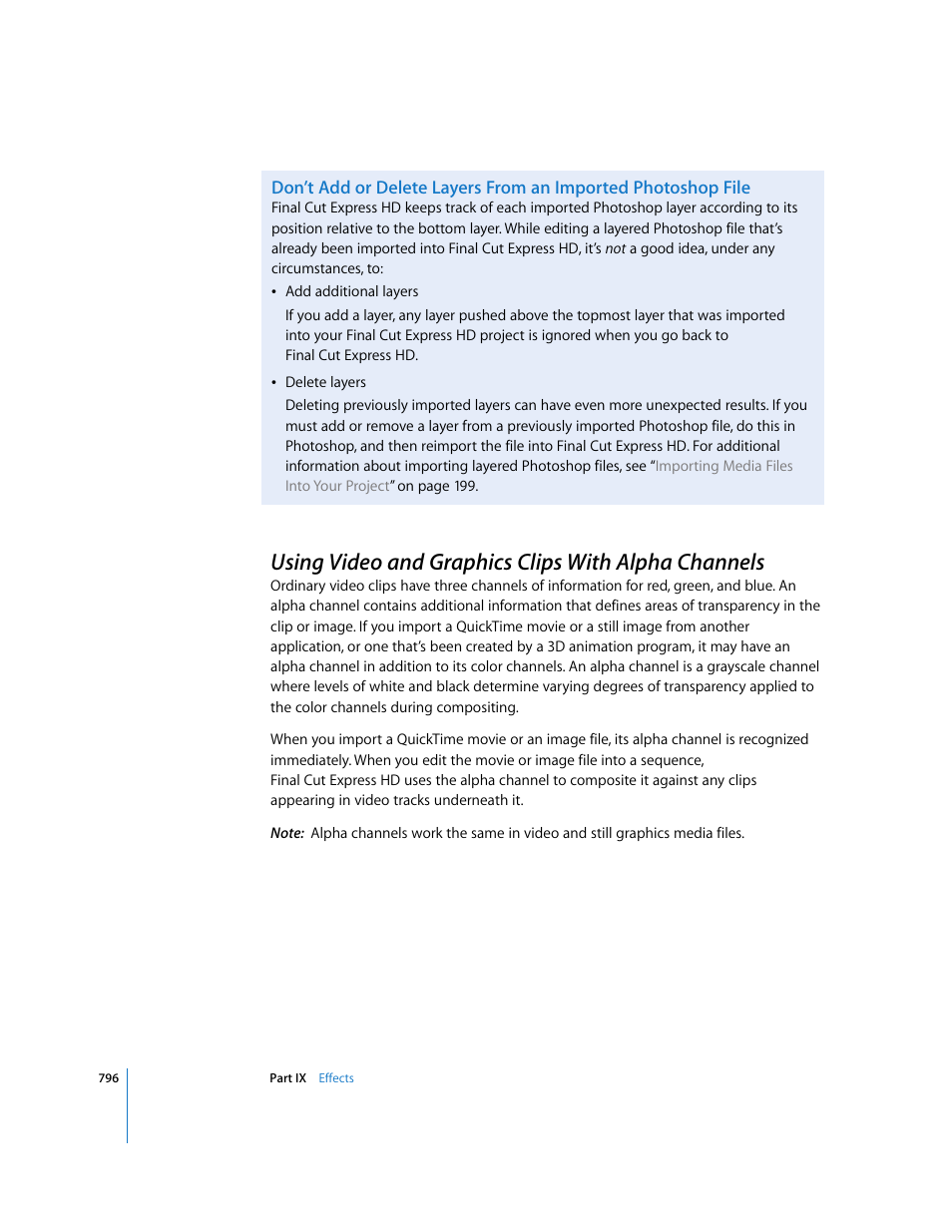 Using video and graphics clips with alpha channels, Using, Video and graphics clips with alpha channels | P. 796), Using video and graphics clips with alpha, Channels, Ed alpha track (see | Apple Final Cut Express HD User Manual | Page 796 / 1153
