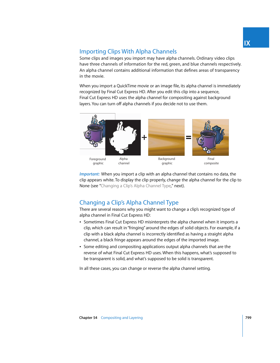 Importing clips with alpha channels, Changing a clip’s alpha channel type | Apple Final Cut Express HD User Manual | Page 799 / 1153
