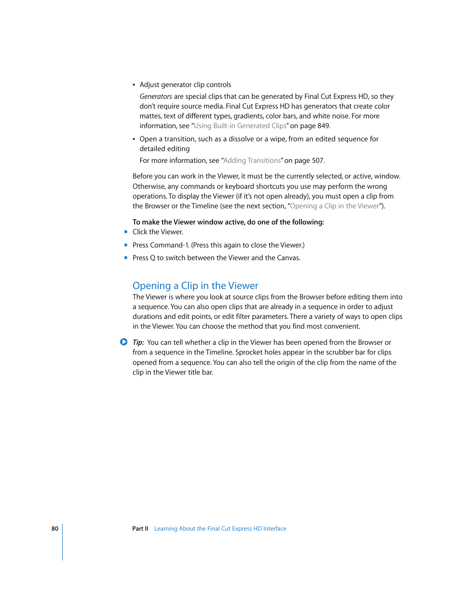 Opening a clip in the viewer, P. 80) | Apple Final Cut Express HD User Manual | Page 80 / 1153
