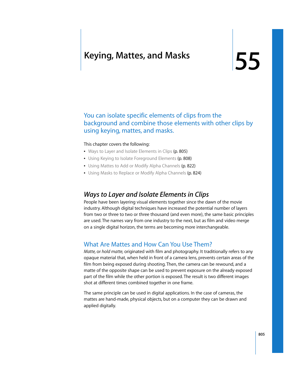 Keying, mattes, and masks, Ways to layer and isolate elements in clips, What are mattes and how can you use them | Chapter 55, See chapter 55 | Apple Final Cut Express HD User Manual | Page 805 / 1153
