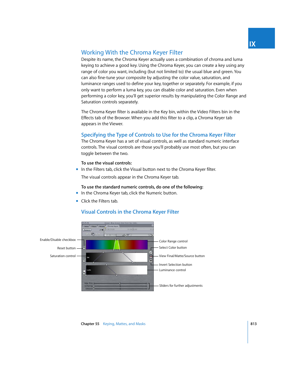 Working with the chroma keyer filter, Visual controls in the chroma keyer filter | Apple Final Cut Express HD User Manual | Page 813 / 1153
