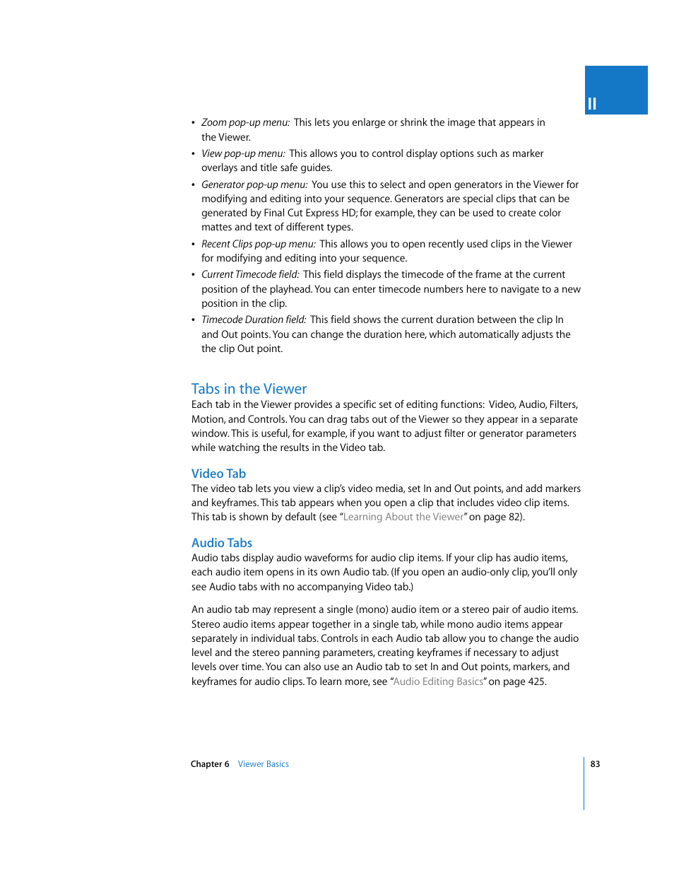 Tabs in the viewer, Video tab, Audio tabs | P. 83), Ting with | Apple Final Cut Express HD User Manual | Page 83 / 1153