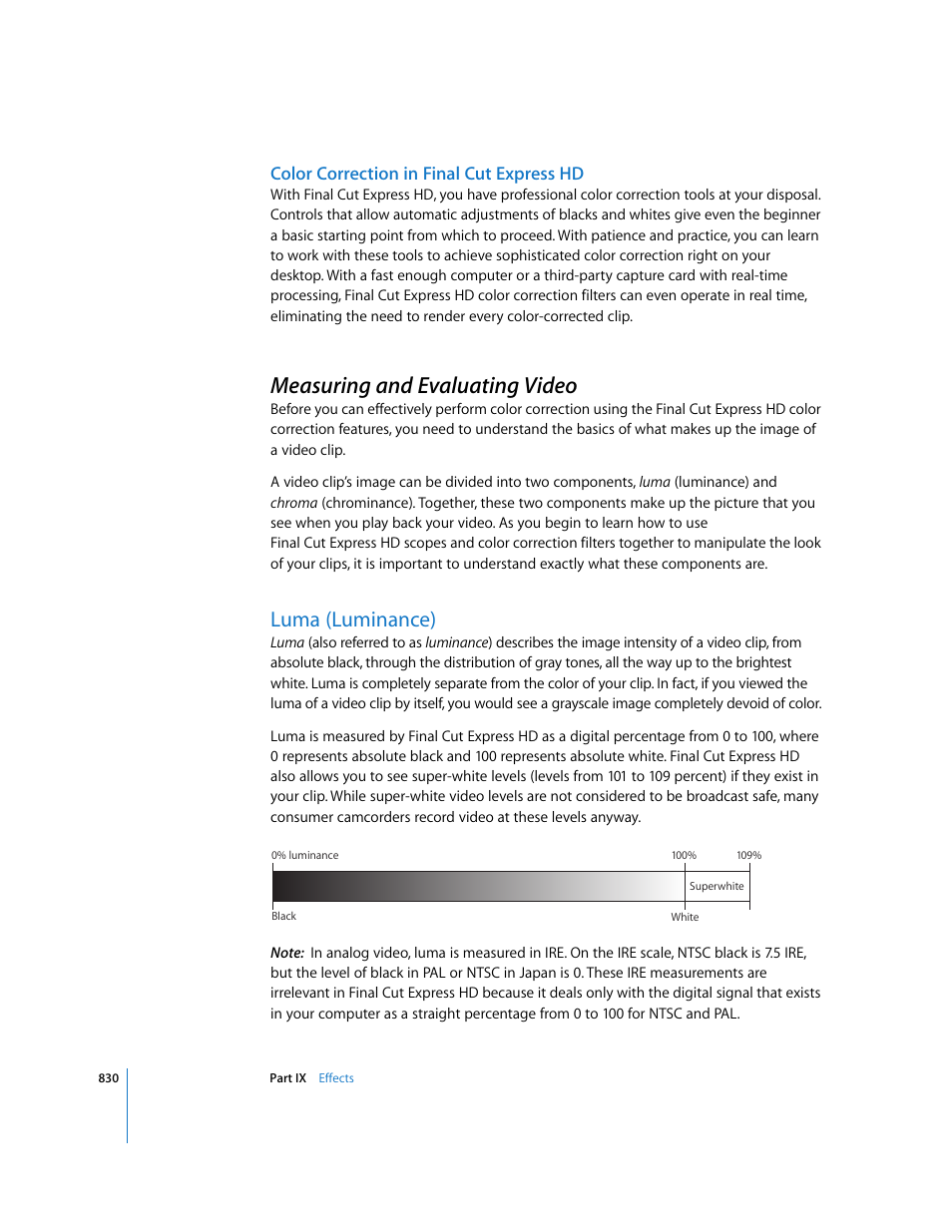 Color correction in final cut express hd, Measuring and evaluating video, Luma (luminance) | P. 830) | Apple Final Cut Express HD User Manual | Page 830 / 1153