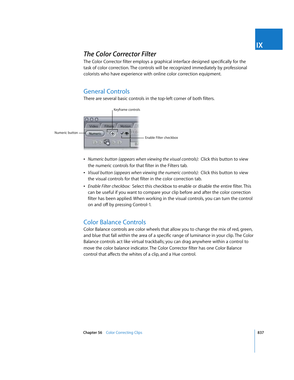 The color corrector filter, General controls, Color balance controls | P. 837) | Apple Final Cut Express HD User Manual | Page 837 / 1153
