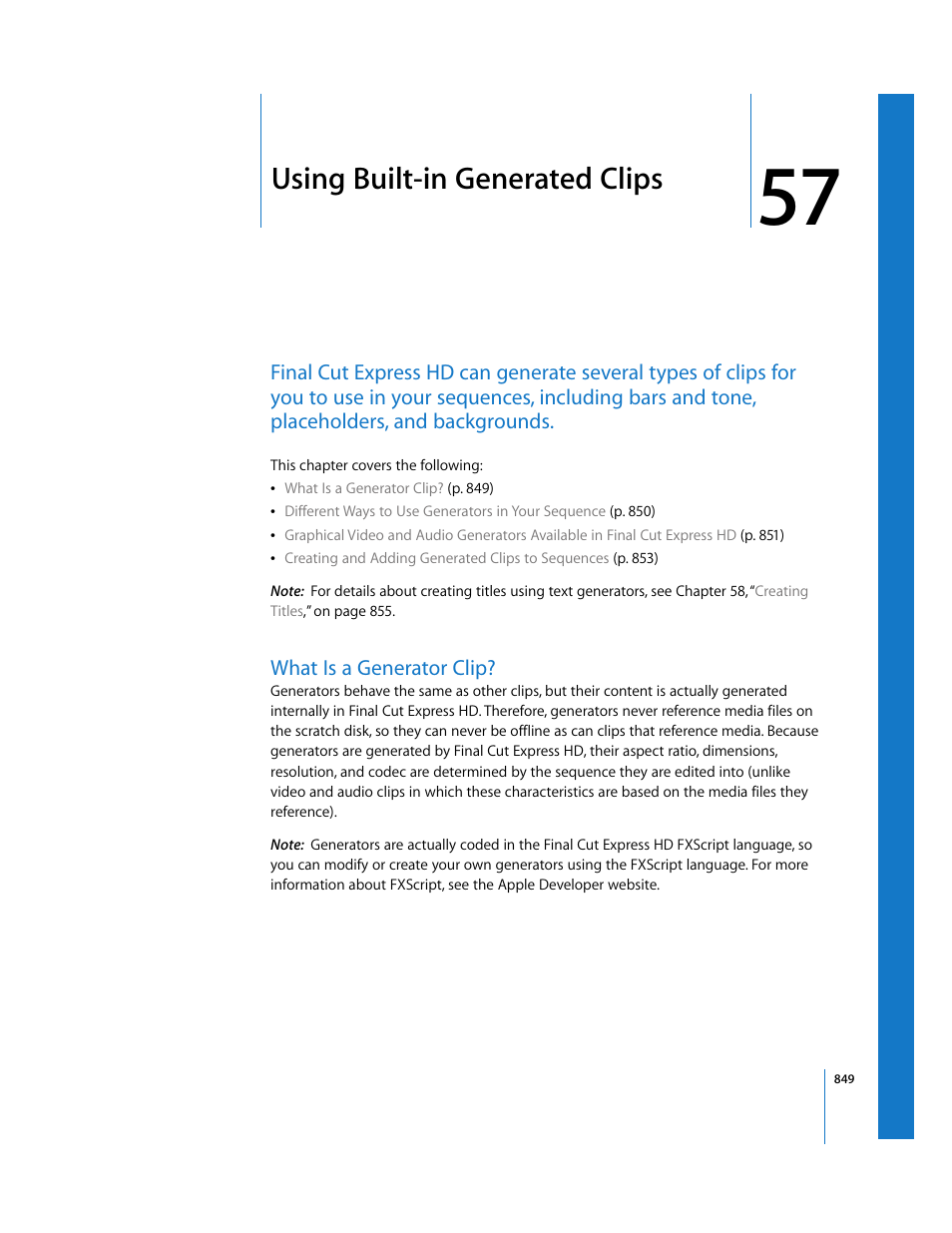 Using built-in generated clips, What is a generator clip, Chapter 57 | Using built-in, Generated clips, Er 57 | Apple Final Cut Express HD User Manual | Page 849 / 1153