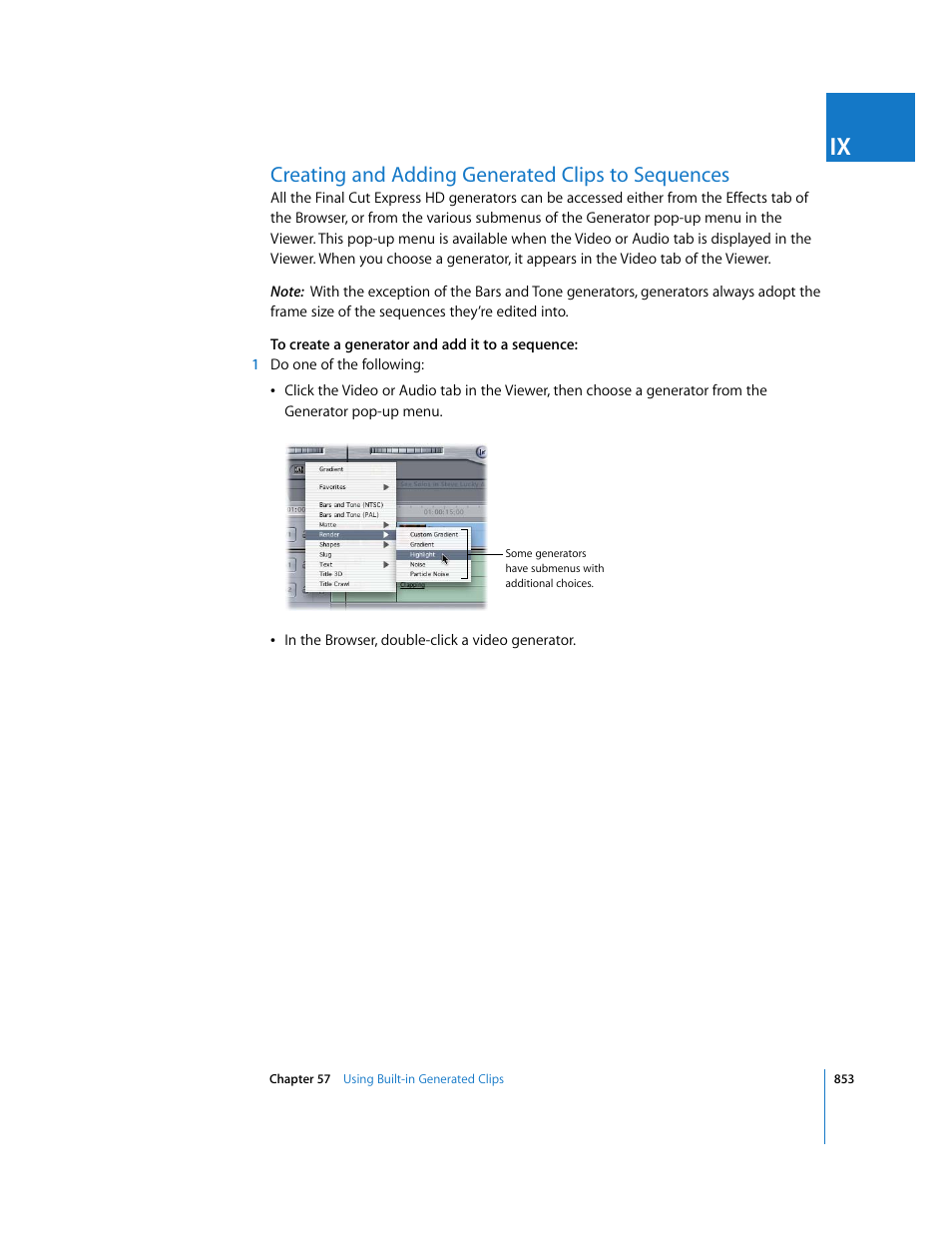 Creating and adding generated clips to sequences, P. 853) | Apple Final Cut Express HD User Manual | Page 853 / 1153