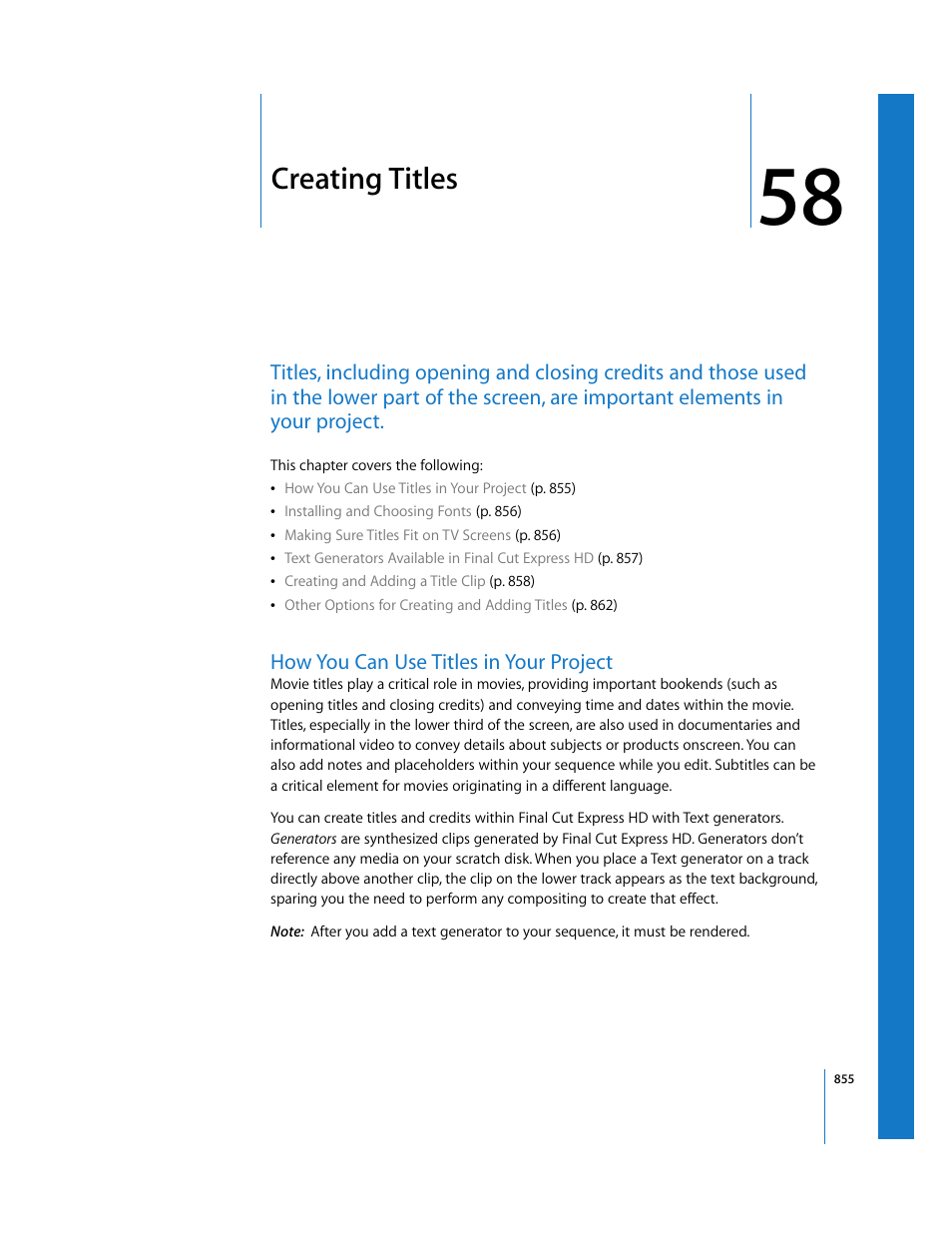 Creating titles, How you can use titles in your project, Chapter 58 | See chapter 58, Creating, Titles, Ee chapter 58 | Apple Final Cut Express HD User Manual | Page 855 / 1153