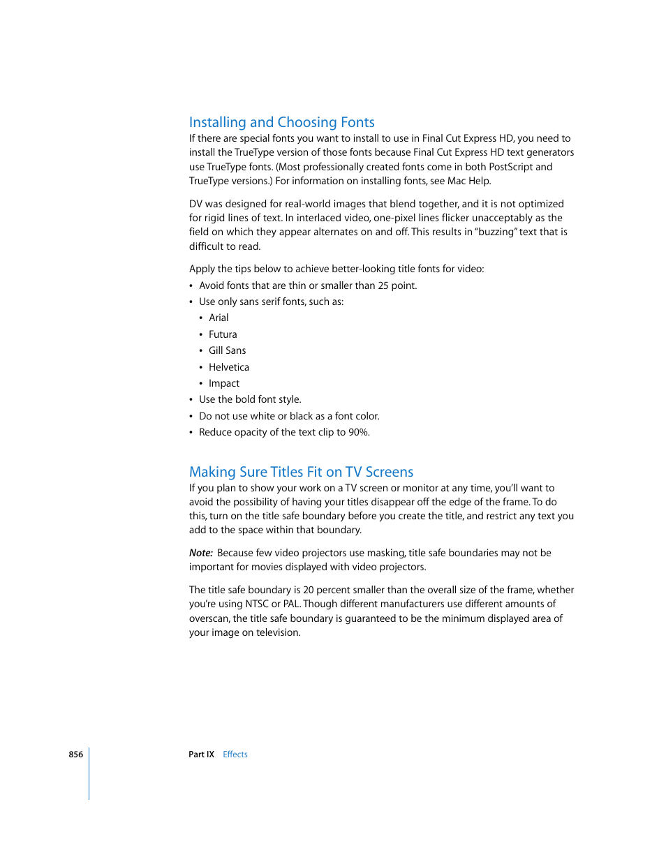 Installing and choosing fonts, Making sure titles fit on tv screens, Installing | And choosing fonts, P. 856) | Apple Final Cut Express HD User Manual | Page 856 / 1153