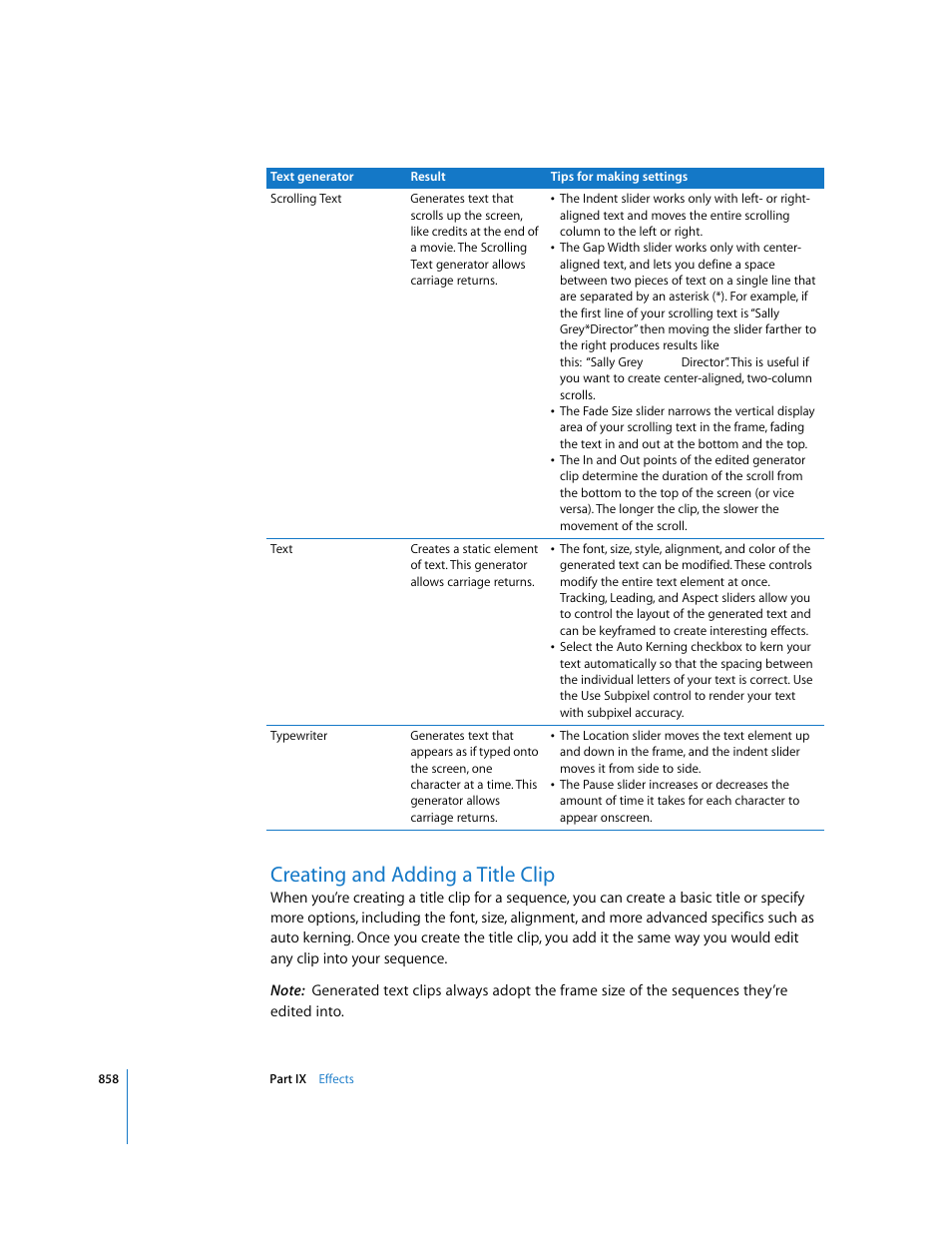Creating and adding a title clip, P. 858) | Apple Final Cut Express HD User Manual | Page 858 / 1153
