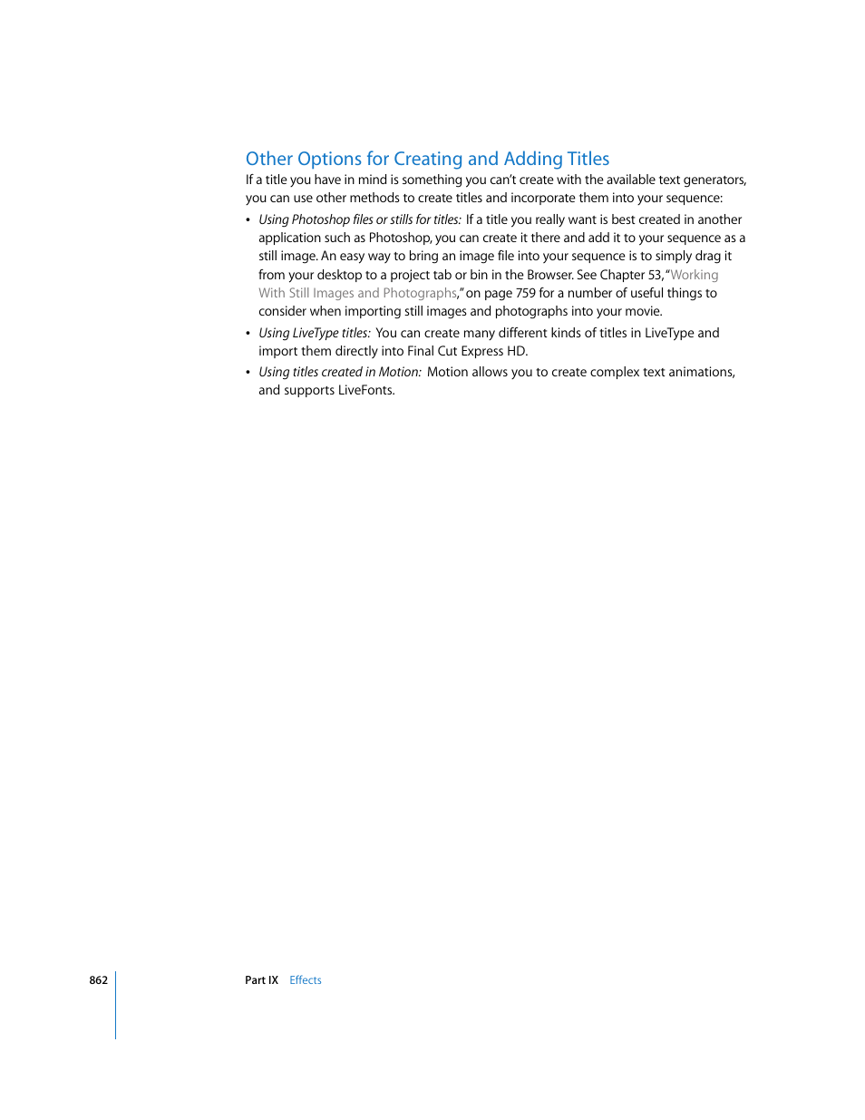 Other options for creating and adding titles, P. 862) | Apple Final Cut Express HD User Manual | Page 862 / 1153
