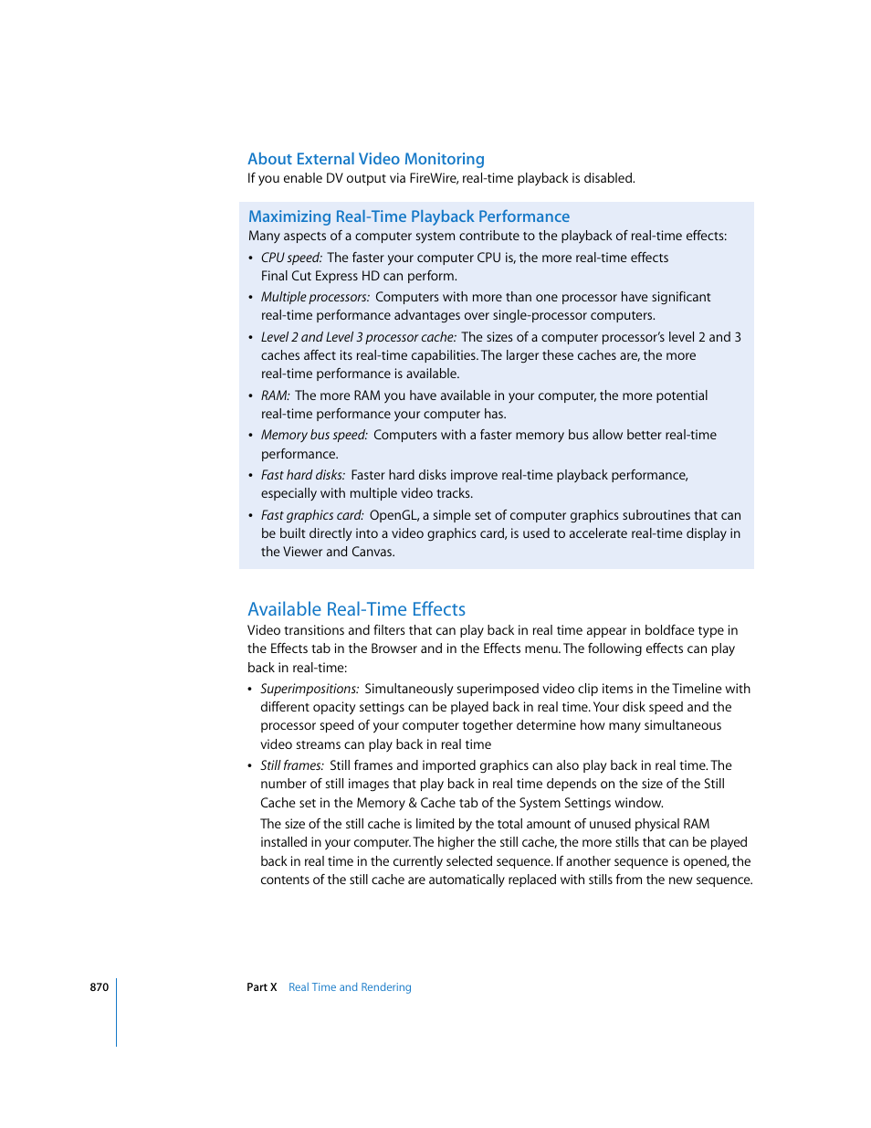 About external video monitoring, Maximizing real-time playback performance, Available real-time effects | Apple Final Cut Express HD User Manual | Page 870 / 1153