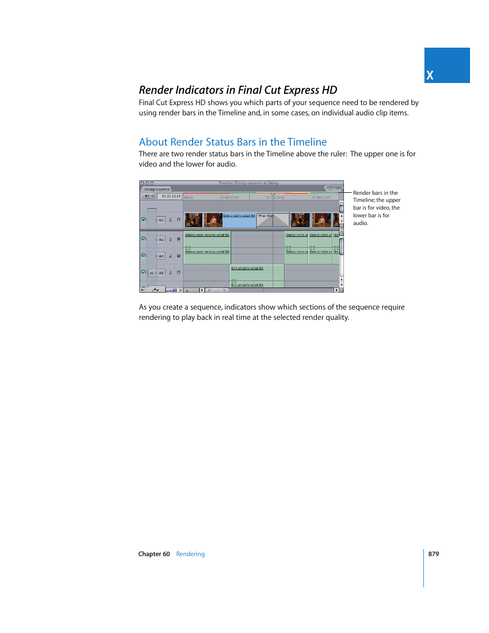 Render indicators in final cut express hd, About render status bars in the timeline, P. 879) | Apple Final Cut Express HD User Manual | Page 879 / 1153
