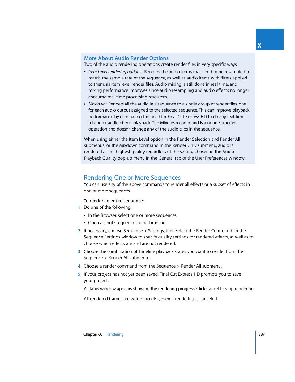 More about audio render options, Rendering one or more sequences, More about audio render | Options, More, About audio render options | Apple Final Cut Express HD User Manual | Page 887 / 1153