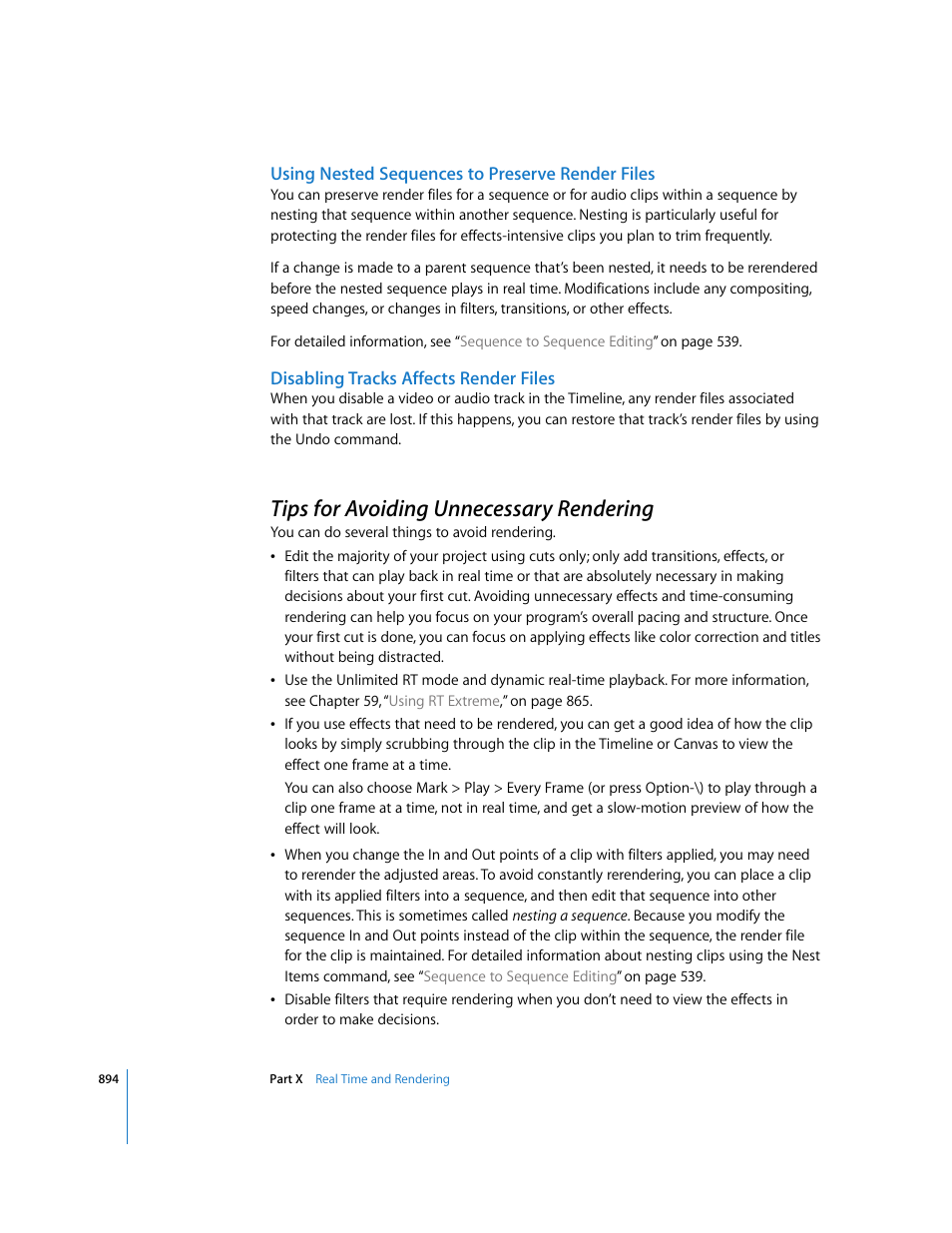 Using nested sequences to preserve render files, Disabling tracks affects render files, Tips for avoiding unnecessary rendering | P. 894) | Apple Final Cut Express HD User Manual | Page 894 / 1153