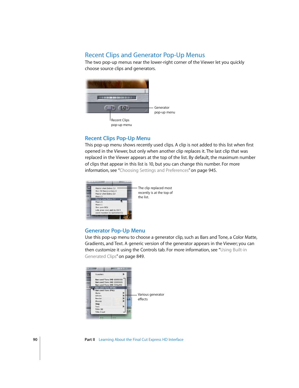 Recent clips and generator pop-up menus, Recent clips pop-up menu, Generator pop-up menu | P. 90) | Apple Final Cut Express HD User Manual | Page 90 / 1153