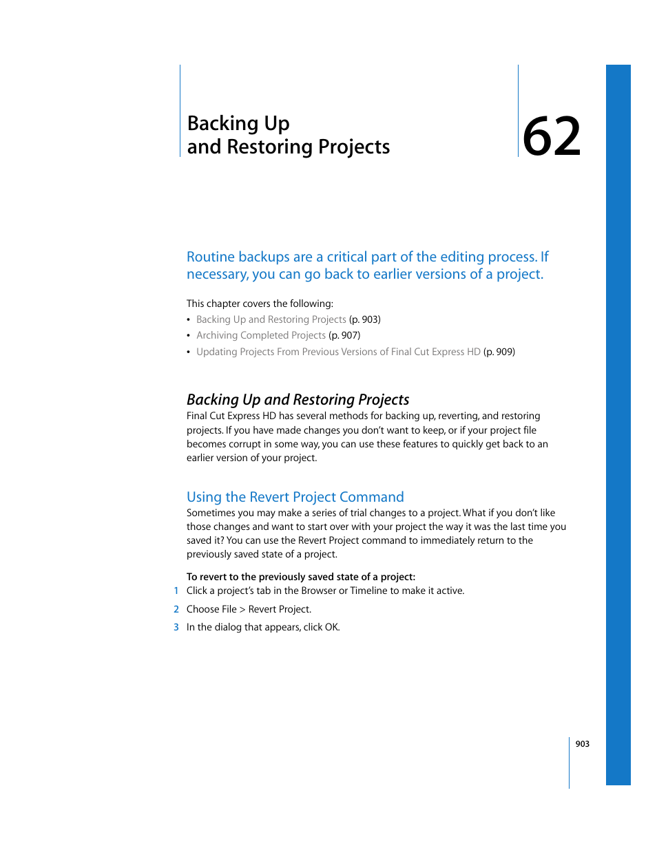 Backing up and restoring projects, Using the revert project command, Chapter 62 | Backing up, And restoring projects | Apple Final Cut Express HD User Manual | Page 903 / 1153