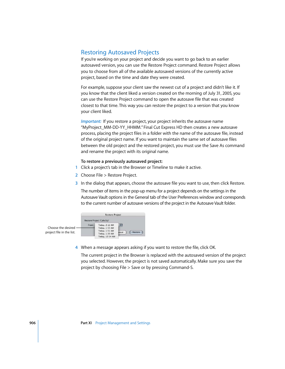 Restoring autosaved projects | Apple Final Cut Express HD User Manual | Page 906 / 1153