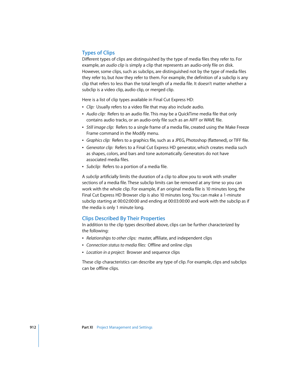 Types of clips, Clips described by their properties | Apple Final Cut Express HD User Manual | Page 912 / 1153