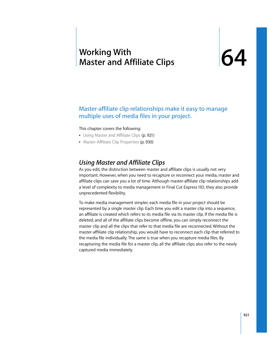 Working with master and affiliate clips, Using master and affiliate clips, Chapter 64 | Working with, Master and affiliate clips, See chapter 64 | Apple Final Cut Express HD User Manual | Page 921 / 1153
