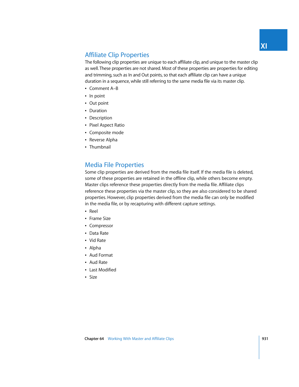 Affiliate clip properties, Media file properties | Apple Final Cut Express HD User Manual | Page 931 / 1153