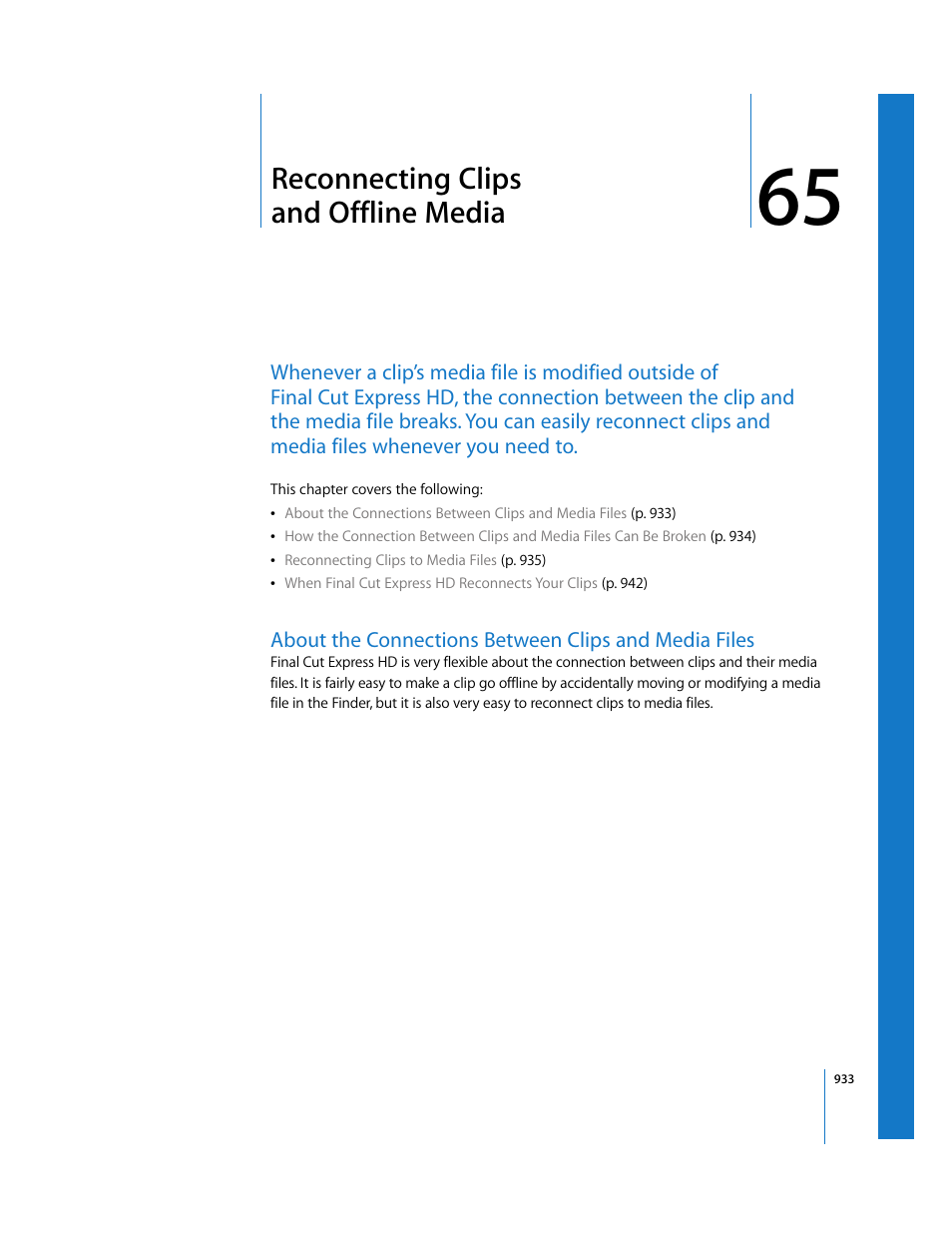 Reconnecting clips and offline media, Chapter 65, Reconnecting clips | And offline media | Apple Final Cut Express HD User Manual | Page 933 / 1153