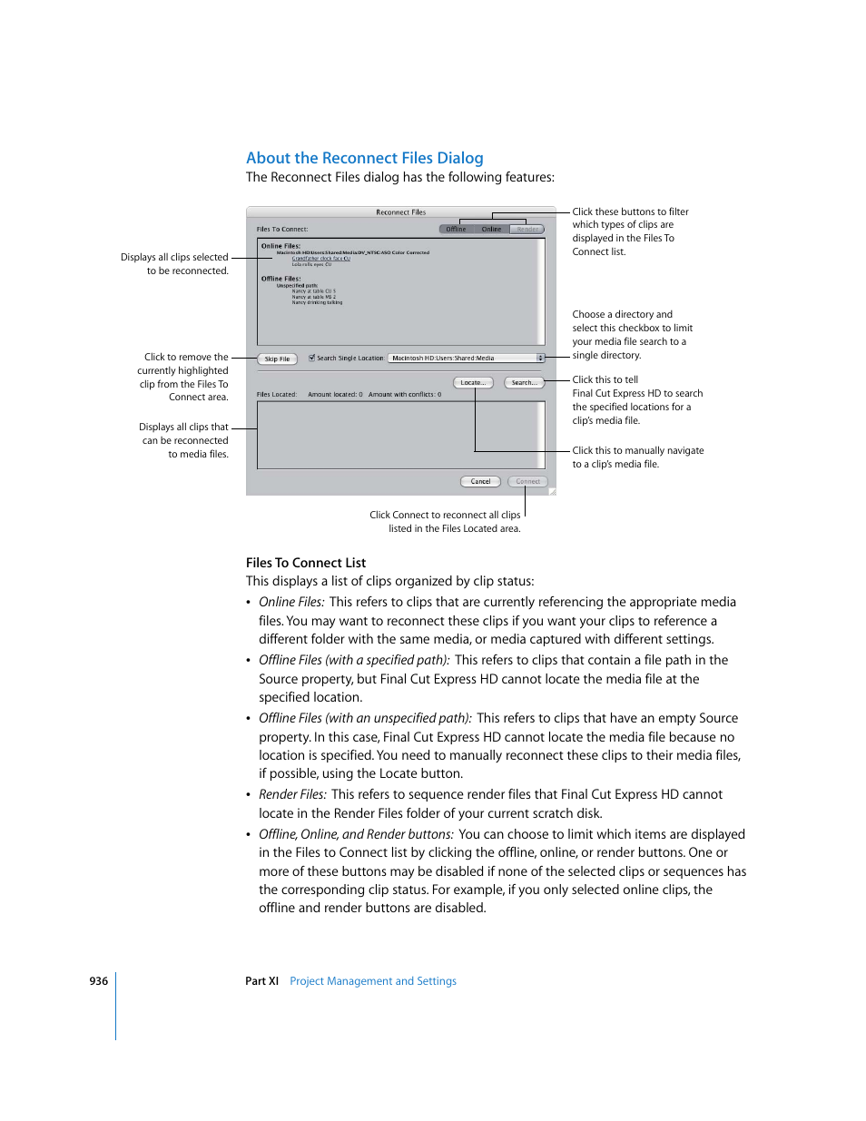 About the reconnect files dialog | Apple Final Cut Express HD User Manual | Page 936 / 1153