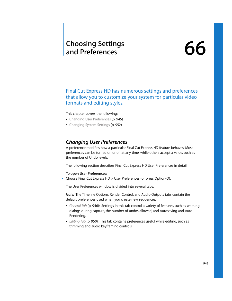 Choosing settings and preferences, Changing user preferences, Chapter 66 | Choosing, Settings and preferences, Choosing settings, And preferences | Apple Final Cut Express HD User Manual | Page 945 / 1153