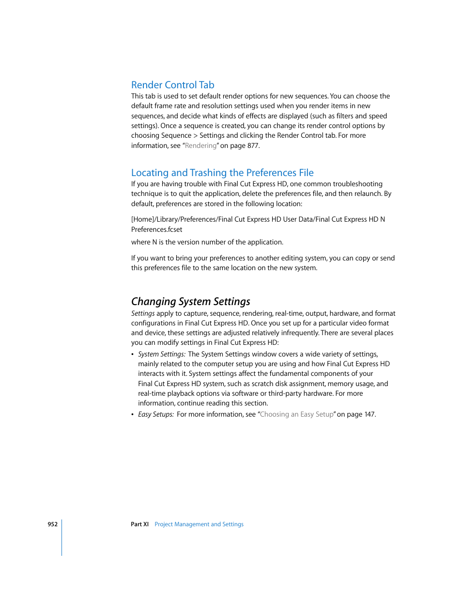 Render control tab, Locating and trashing the preferences file, Changing system settings | P. 952) | Apple Final Cut Express HD User Manual | Page 952 / 1153
