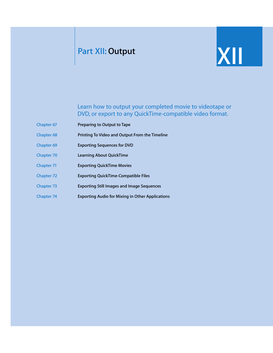 Part xii: output, Part xii, Output | Apple Final Cut Express HD User Manual | Page 959 / 1153