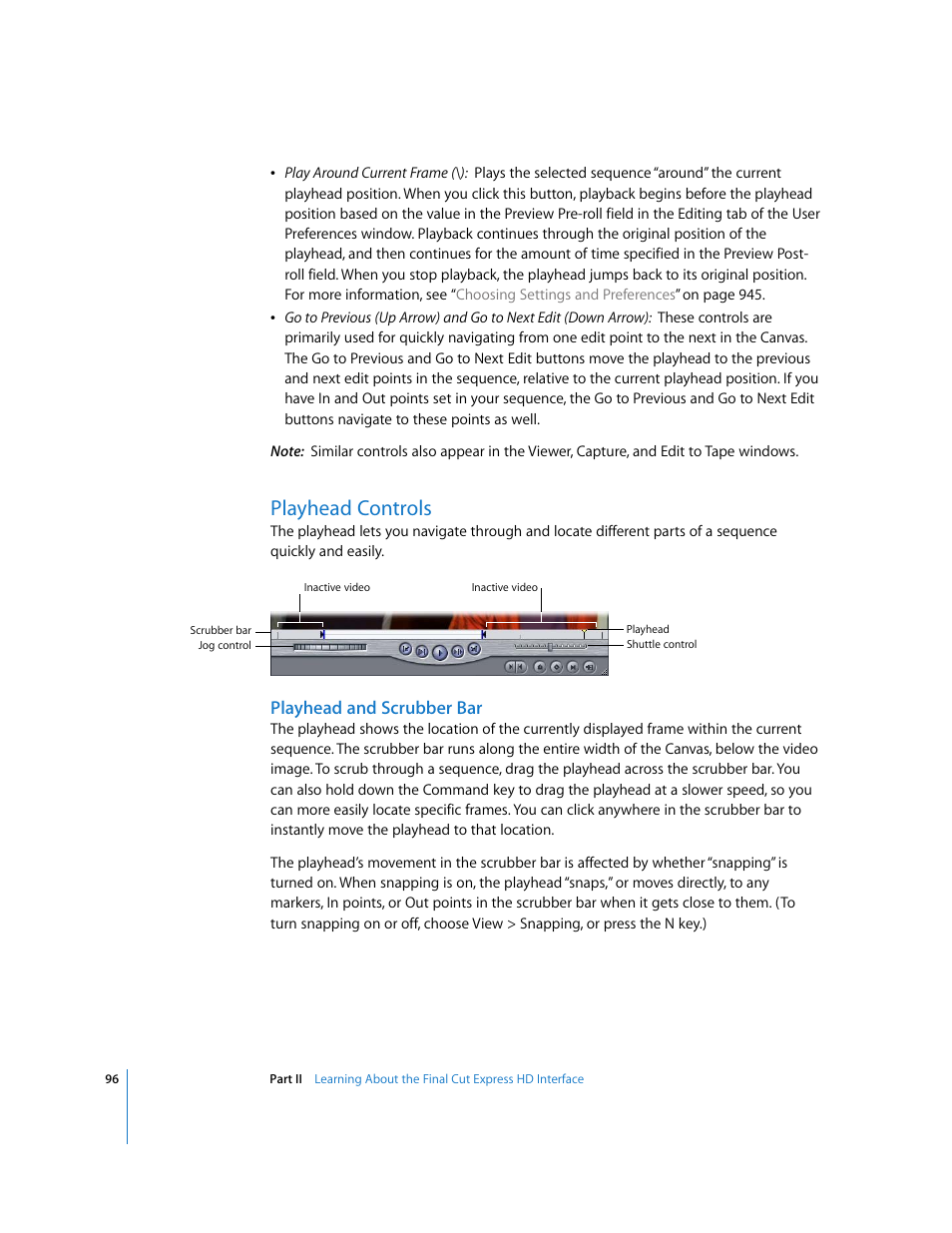 Playhead controls, Playhead and scrubber bar, P. 96) | Apple Final Cut Express HD User Manual | Page 96 / 1153