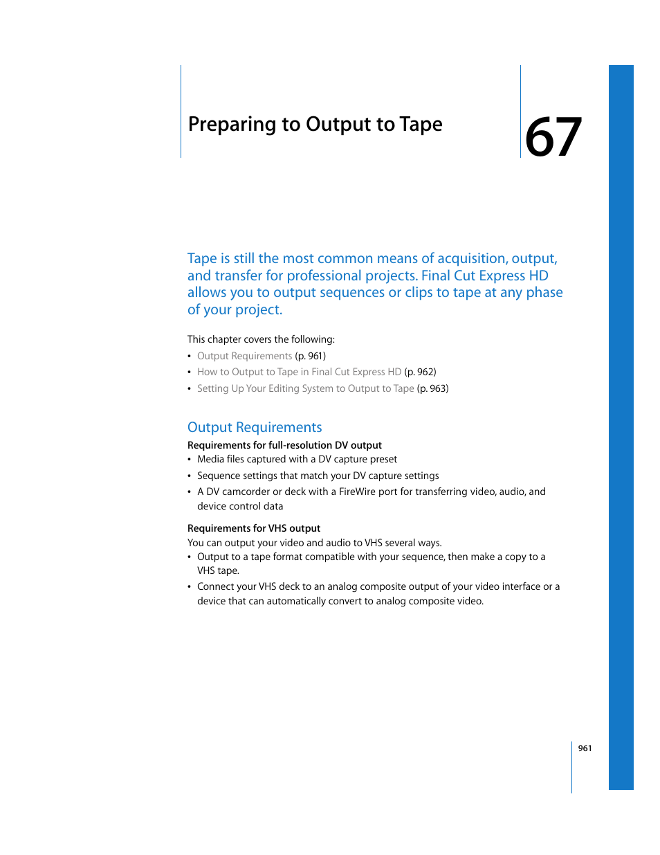 Preparing to output to tape, Output requirements, Chapter 67 | Apple Final Cut Express HD User Manual | Page 961 / 1153
