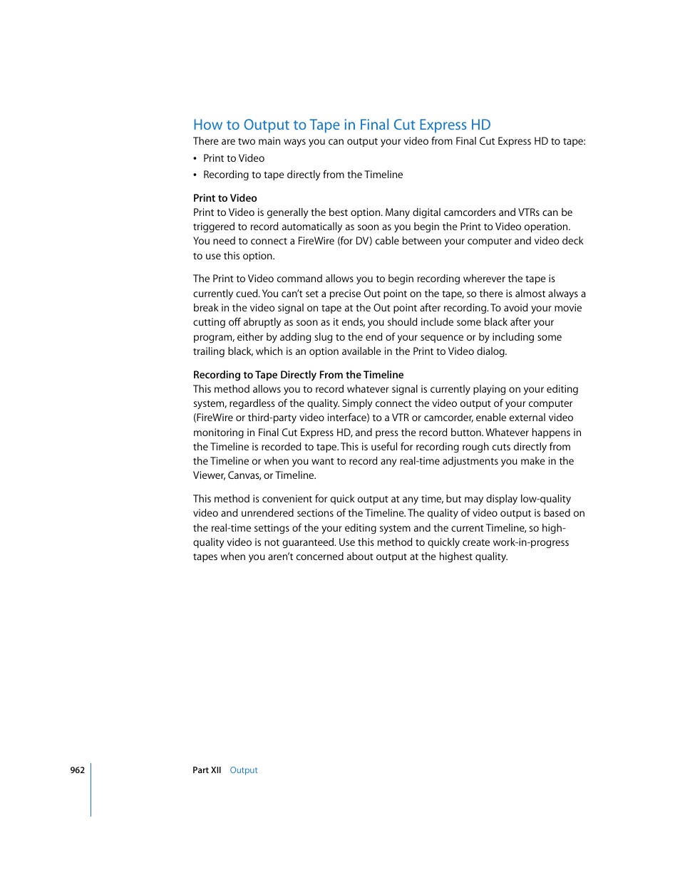 How to output to tape in final cut express hd, P. 962) | Apple Final Cut Express HD User Manual | Page 962 / 1153