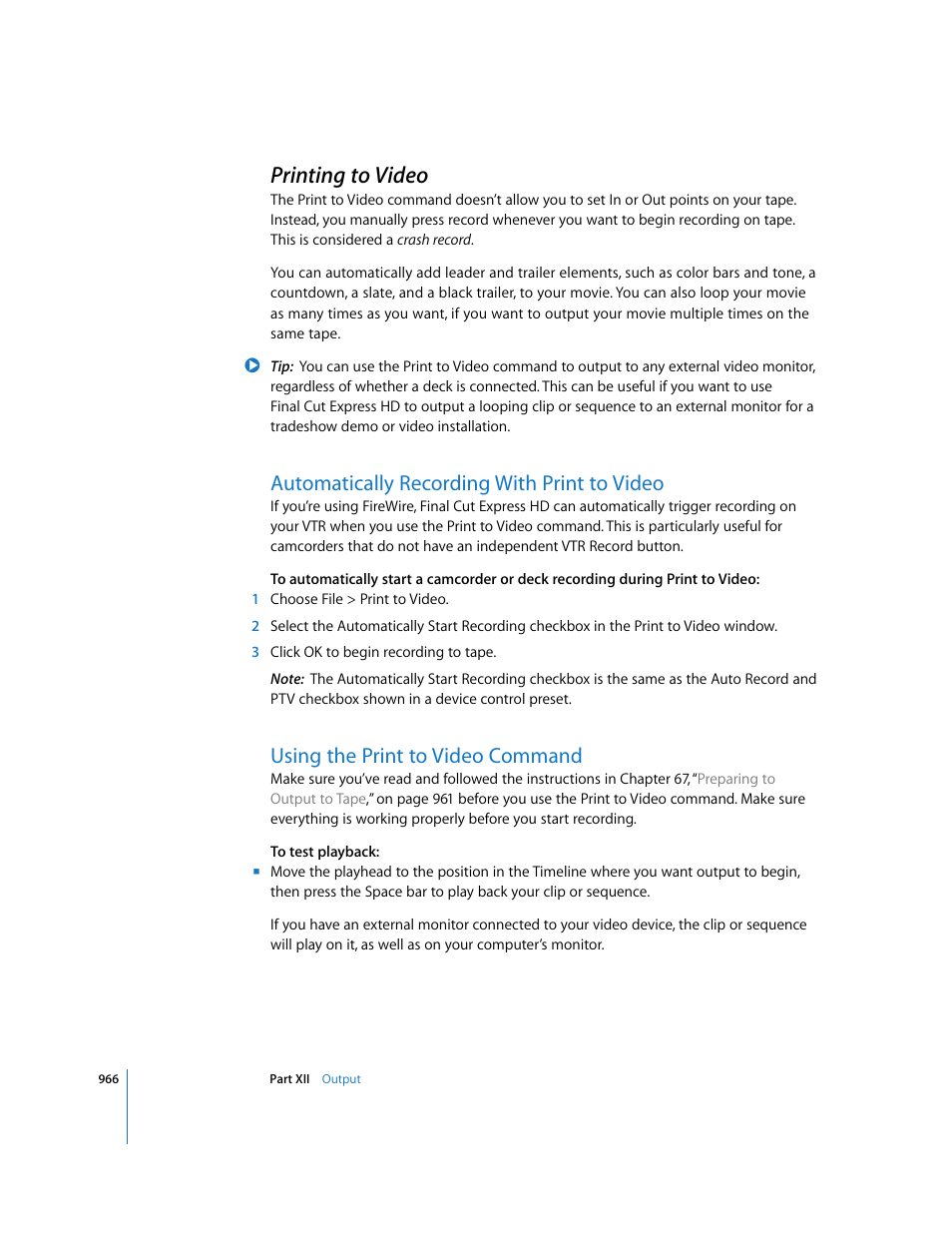 Printing to video, Automatically recording with print to video, Using the print to video command | P. 966) | Apple Final Cut Express HD User Manual | Page 966 / 1153