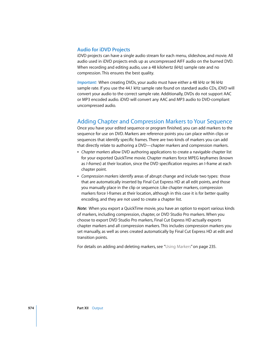 Audio for idvd projects, P. 974), Adding chapter and | Compression markers to your sequence | Apple Final Cut Express HD User Manual | Page 974 / 1153